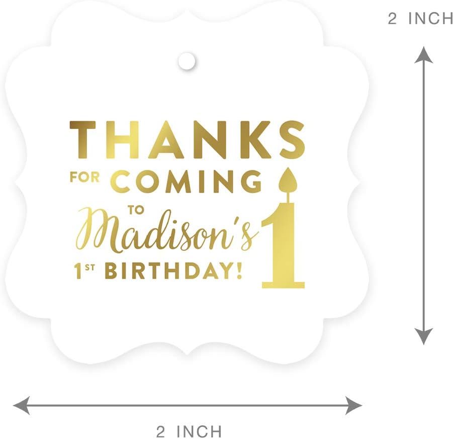 Andaz Press Personalized Fancy Frame Square Birthday Gift Tags, Metallic Gold Ink, Thanks for Coming to My 1st Birthday, 24-Pack, Custom Made Name