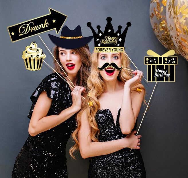 34pcs Birthday Party Photo Booth Props Kit, Favors Supplies for Men Women Party Decor Photobooth,Funny Birthday Party Supplies(Gold and Black)