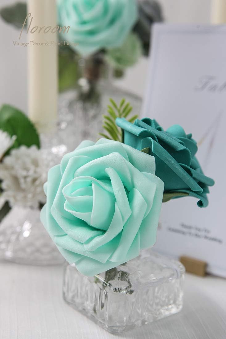 Floroom Artificial Flowers 25pcs Real Looking Robin's Egg Blue Foam Fake Roses with Stems for DIY Wedding Bouquets Baby Shower Centerpieces Floral Arrangements Party Tables Home Decorations