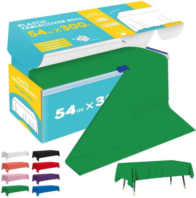 Green Plastic Table Cover Roll - 54IN x 300FT, Table Cloth for Rectangle Table with Slide Cutter, Plastic Table Cloth Disposable with Cut-to-Size Design for Weddings, Banquets, Parties