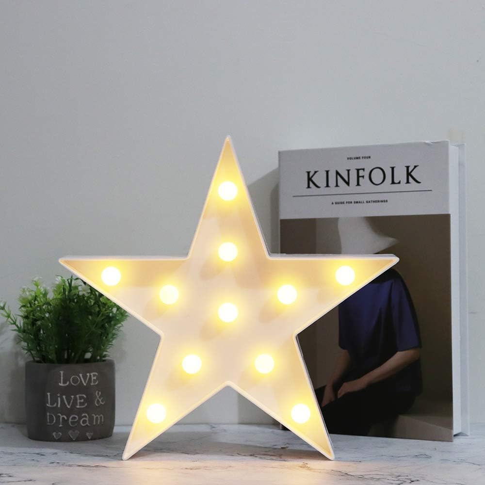 LED Marquee Star Sign Night Light, Battery Operated Star Shaped Desk Table Lamp for Kids, Baby, Child, Girl Gift, Nursery Room, Wall Decor (White)