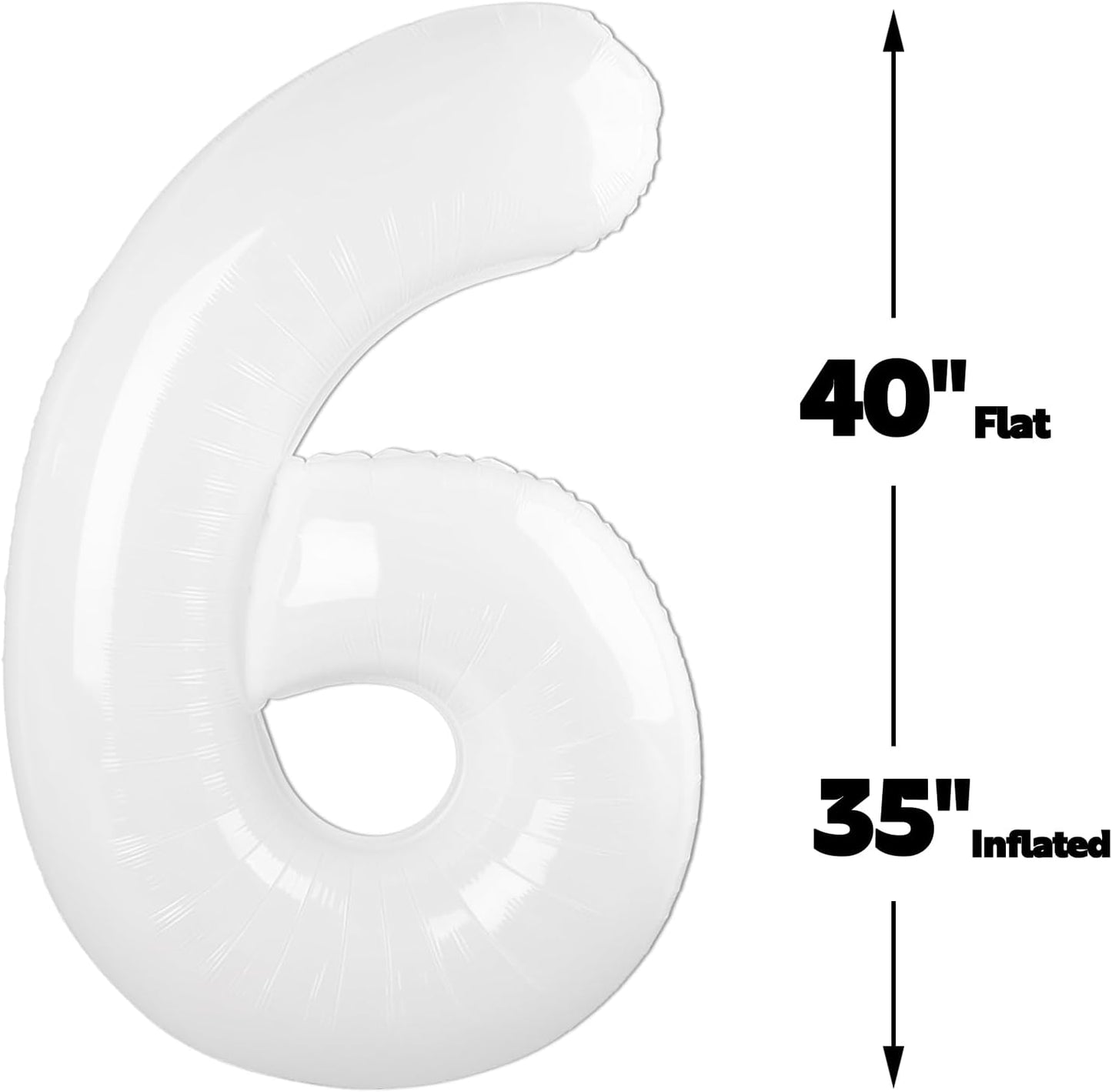 White 40 Inch Mylar Foil Number 6 Balloon, Birthday Digital Balloons for 6 16 Boy Girl Party Decorations Supplies, White Big Helium Balloon Numbers for 26 36 46 60 Men Women Anniversary