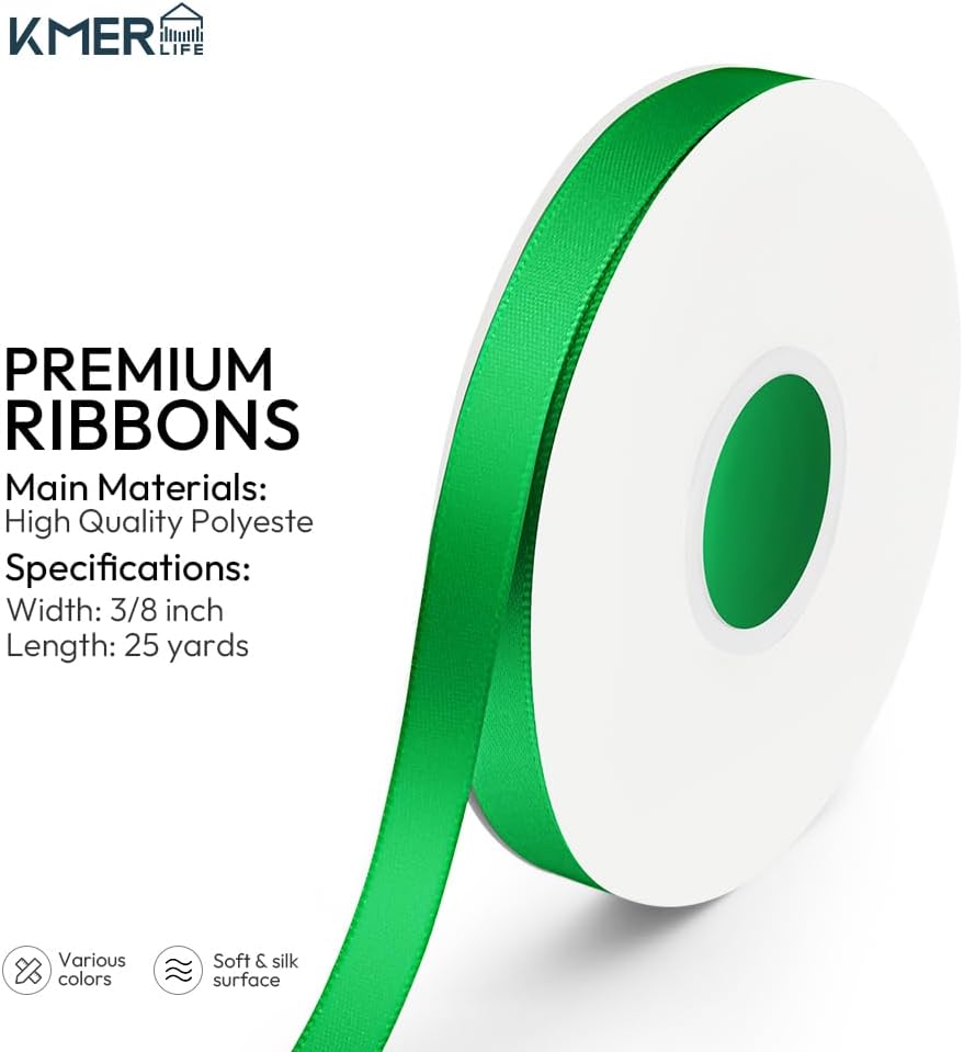 KMER LIFE 3/8 inch x 25 Yards Double Faced Polyester Emerald Green Satin Ribbon, Perfect for Gift Wrapping Very Suitable for Weddings Party Invitation Decorations and More