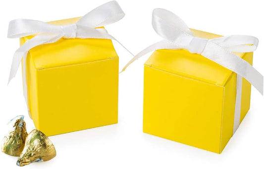 AWELL Yellow Gift Candy Box Bulk 2x2x2 inches with White Ribbon Party Favor Box,Pack of 50