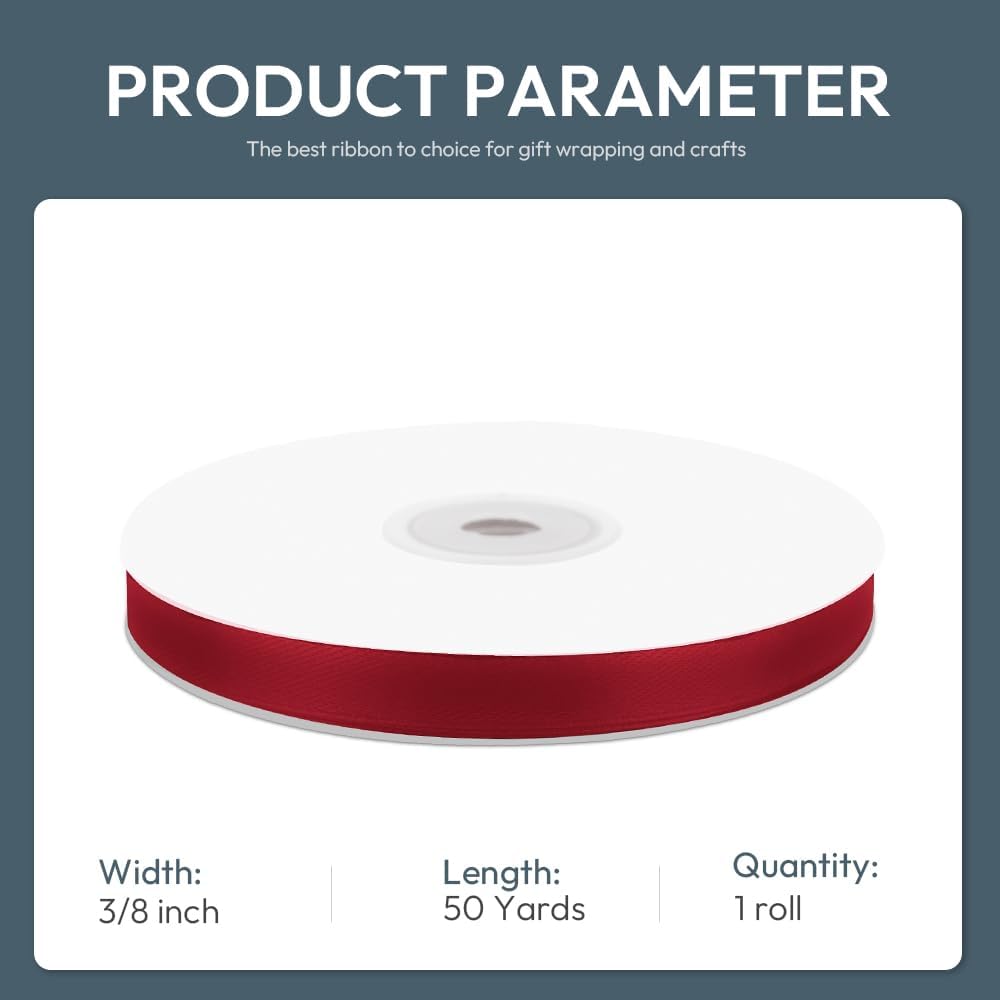 KMER LIFE 3/8" Wide x 50 Yards Wine Red Single Faced Polyester Satin Ribbon, Wine Red Satin Ribbon Perfect for Wedding Decor, Wreath, Crafts, Gift Wrapping & Other Projects (Wine Red)