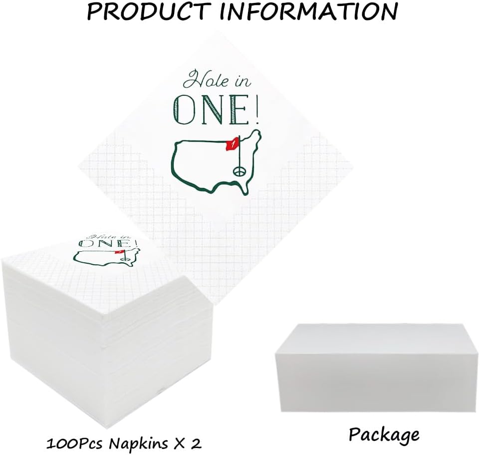 Golf Cocktail Napkins 2-Pack, 200 Count Hole in One First Birthday Golf Themed Paper Disposable Napkins for Baby 1st Hole In One Birthday Decorations, Golf Party Supplies, 2-Ply, 5x5 Inches