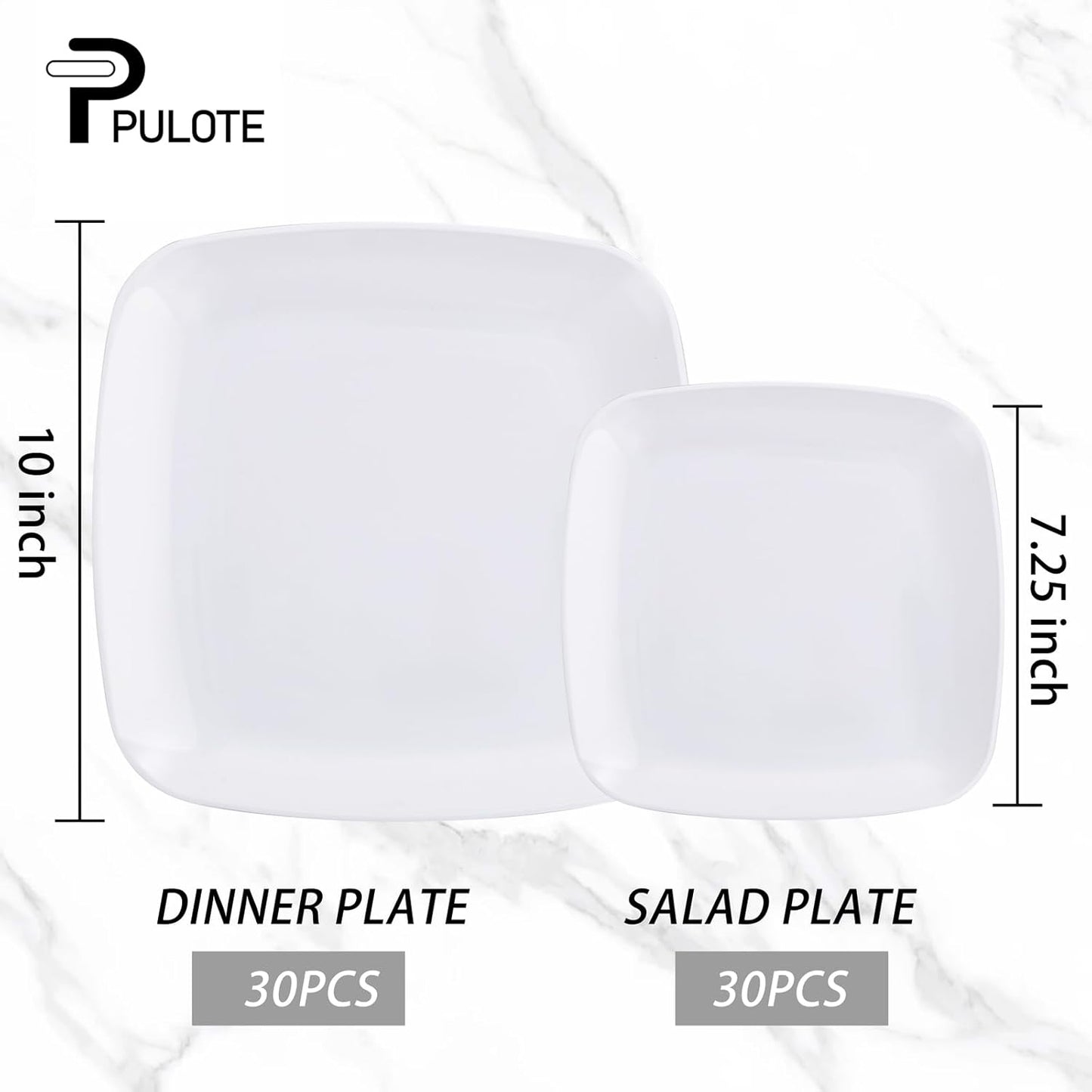 PULOTE 60PCS White Square Plastic Plates Disposable - Heavy Duty Party Plates Include 30 Dinner Plates,30 Dessert Plates for Parties&Weddings