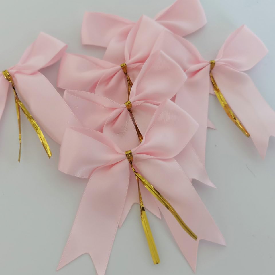 50pcs 3.5" Double Face Satin Pink Bows with Twist Ties Bows Wine Bows Tie with Fish Tail Cutting (Pink)