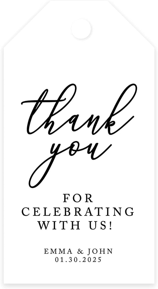 Andaz Press 100-Pack Personalized Thank You for Celebrating with Us Wedding Favor Tags with String, Minimal Modern Custom Tags for Wedding Favors 2” X 3.75” Thank You Tags with String Custom Favors
