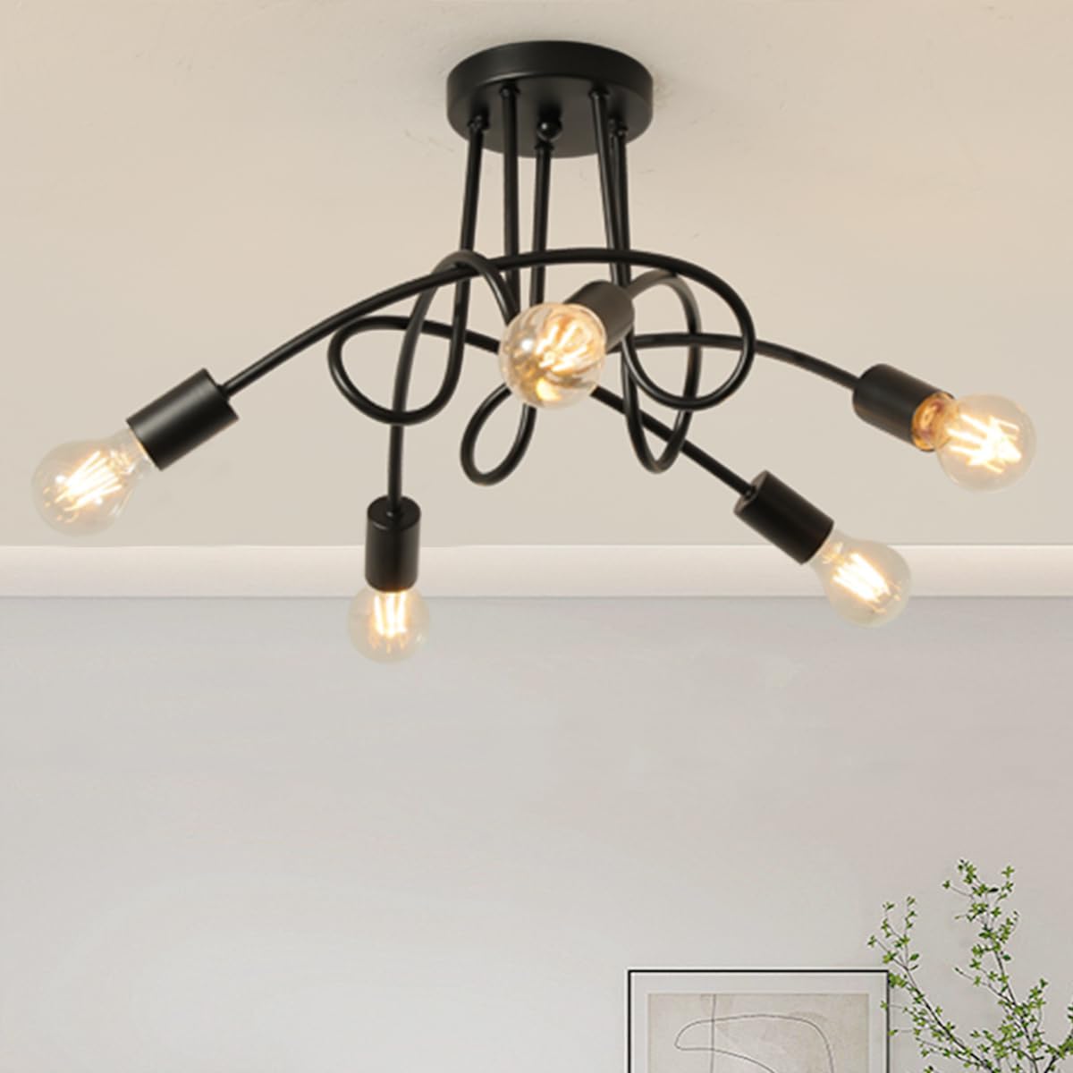 Modern Farmhouse Chandelier,25 Inch Black Metal Spiral Rustic Vintage Semi Flush Mounted Ceiling Light Fixture for Dining Room Bedroom Kitchen Island Hallway Foyer Entryway(5-Light)