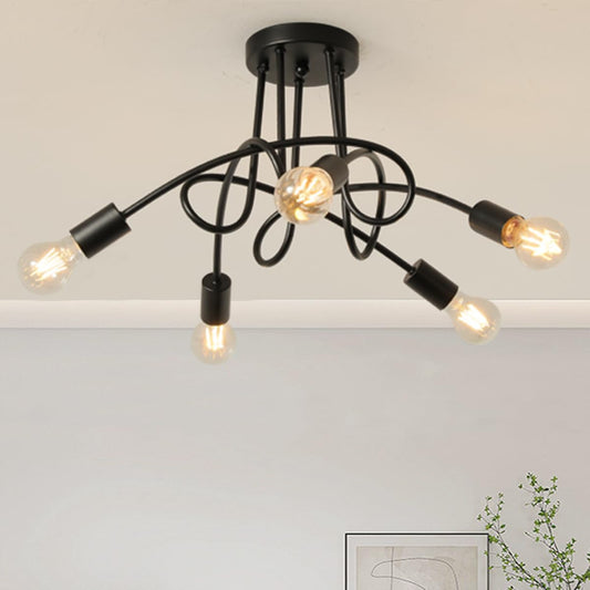 Modern Farmhouse Chandelier,25 Inch Black Metal Spiral Rustic Vintage Semi Flush Mounted Ceiling Light Fixture for Dining Room Bedroom Kitchen Island Hallway Foyer Entryway(5-Light)