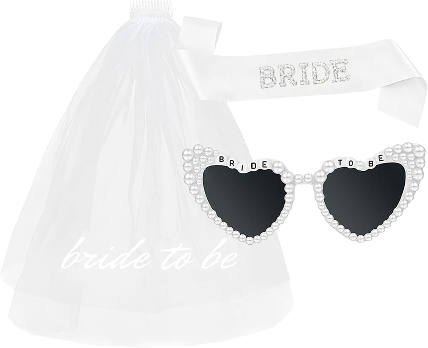 3PCS Bride To Be Veil White Print Bridal Veils Bride Sash and Pearl Sunglasses for Bachelorette Party