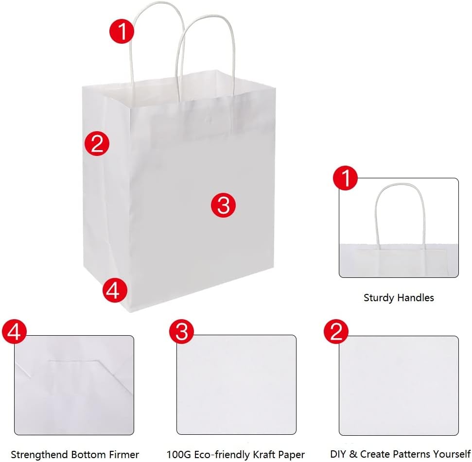 Oikss 50 Pack 8x4.75x10 Inch Medium White Kraft Paper Bags with Handles Bulk for Birthday Wedding Party Favors Grocery Retail Shopping Takeout Business Goody Craft Gift Bags Sacks, 50 Count