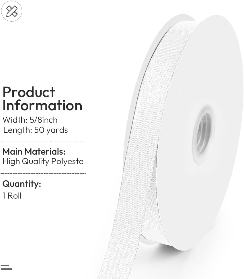5/8" X 50 Yards White Grosgrain Ribbon, Premium Grosgrain Ribbon for Sewing, Gift Wrapping, Bow Making, Wedding Decor, Wrapping and More (White)