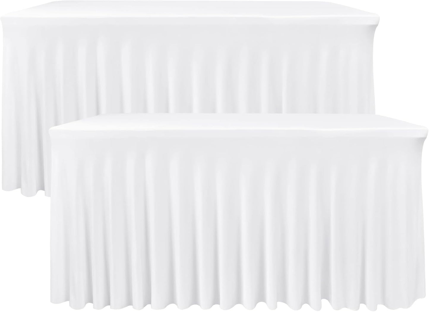 Nasitos White Table Skirt for 8 Foot Rectangle Tables, 2 Pack - 96 x 30 Inch - Stretch Spandex Fitted Table Clothes, Fabric Table Covers Cocktail Tablecloths for Party, Banquet, Birthday