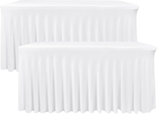 Nasitos White Table Skirt for 8 Foot Rectangle Tables, 2 Pack - 96 x 30 Inch - Stretch Spandex Fitted Table Clothes, Fabric Table Covers Cocktail Tablecloths for Party, Banquet, Birthday