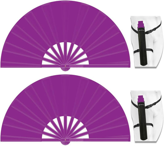 13" Large Folding Rave Fan with Holster, Clack Hand Fans Foldable for Line Dancing, Boots On The Ground Fan for Women Men Festival EDM Party Decoration, Purple 2 Pack
