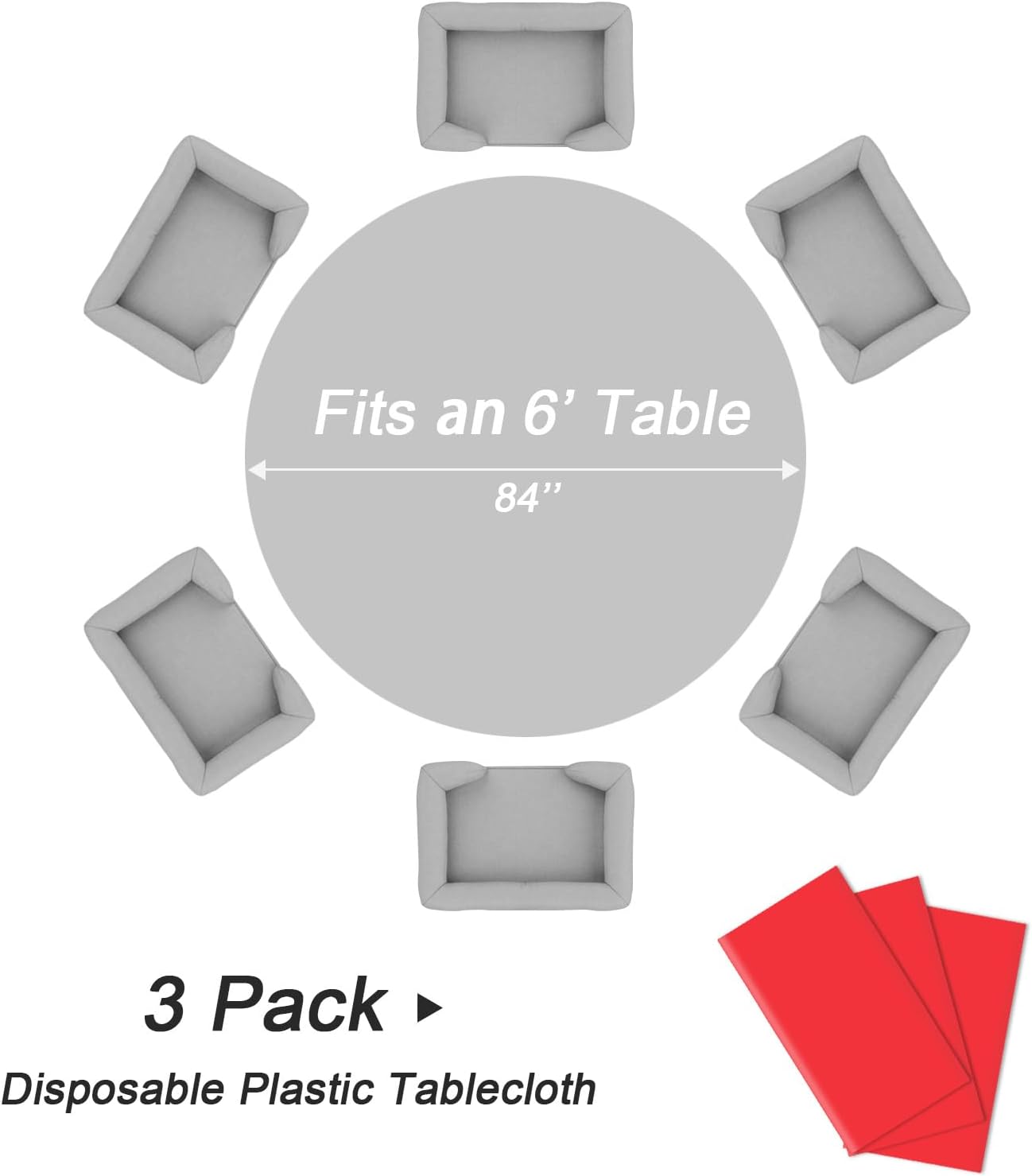 QIKSION Red Round Tablecloth 3 Pack, 84 Inch Plastic Table Cover Disposable for Parties