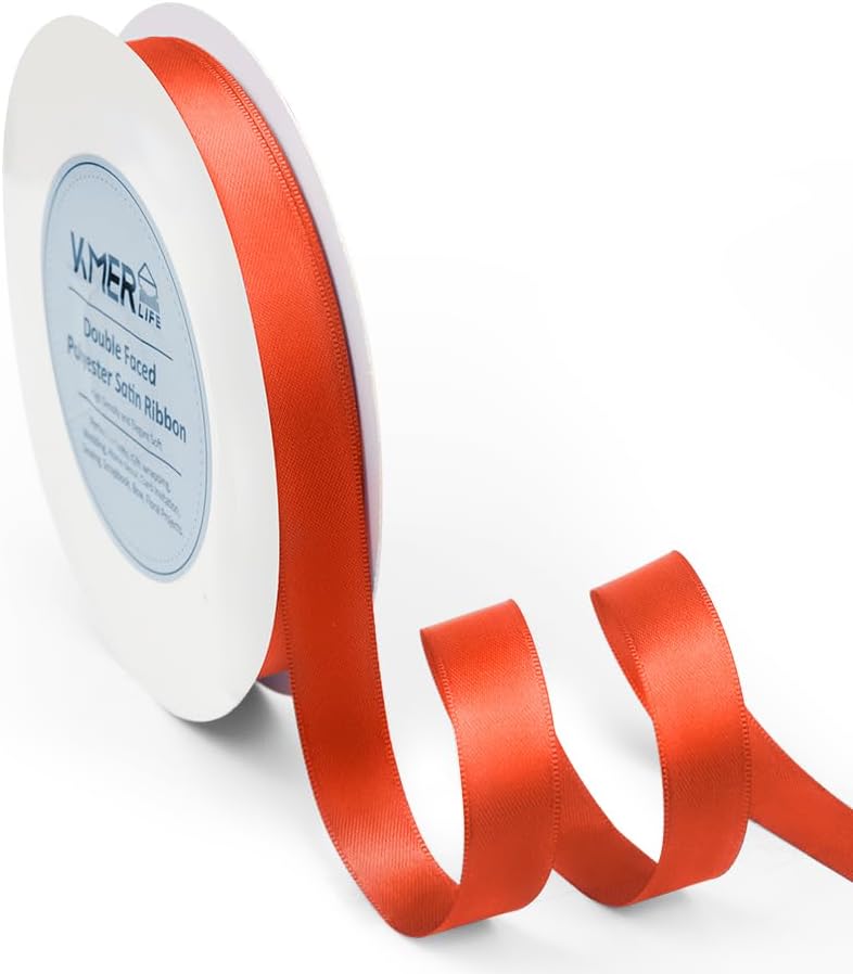 Double Faced Autumn Orange Satin Ribbon, 5/8" x 50 Yards Ribbons, Perfect for Crafts, Wedding Decor, Bow Making, Sewing, Gift Package Wrapping and More