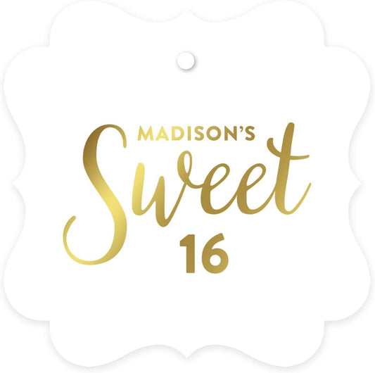 Andaz Press Personalized Fancy Frame Square Birthday Gift Tags, Metallic Gold Ink, Sweet 16 Birthday, 24-Pack, Custom Made Name, Gold Party Decor