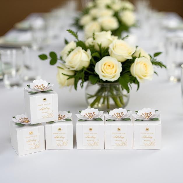 FEIYI 20 PCS Favor Boxes, 3 In 1 White Candy Boxes with Floral Decor, White Thank You Tags Gold Foil Print Gift wrapping for Wedding, Baby Shower, Birthday, Decorations Party - 2.55x2.55x2.55