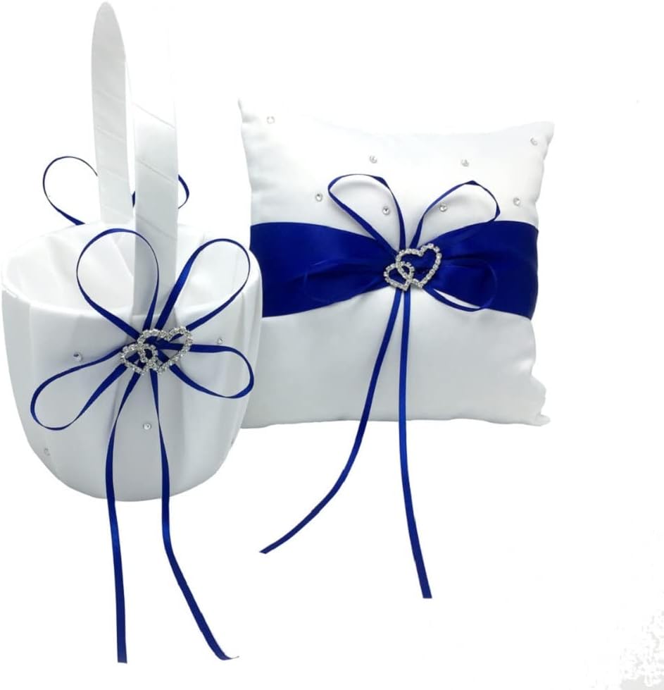 The Crafty Owl 2 Heart Rhinestones Ivory/White/Blue Trimming/Red Trimming Satin Large Wedding Ring Bearer Pillow and Basket Set (White with Blue Trimming)