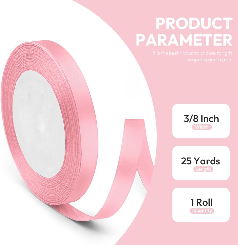 3/8" x 25 Yards Satin Ribbon, Light Pink Silk Ribbon Ideal for Gift Wrapping, Floral Bouquets, Crafts, Wedding Party Decorations, Christmas and Sewing Projects