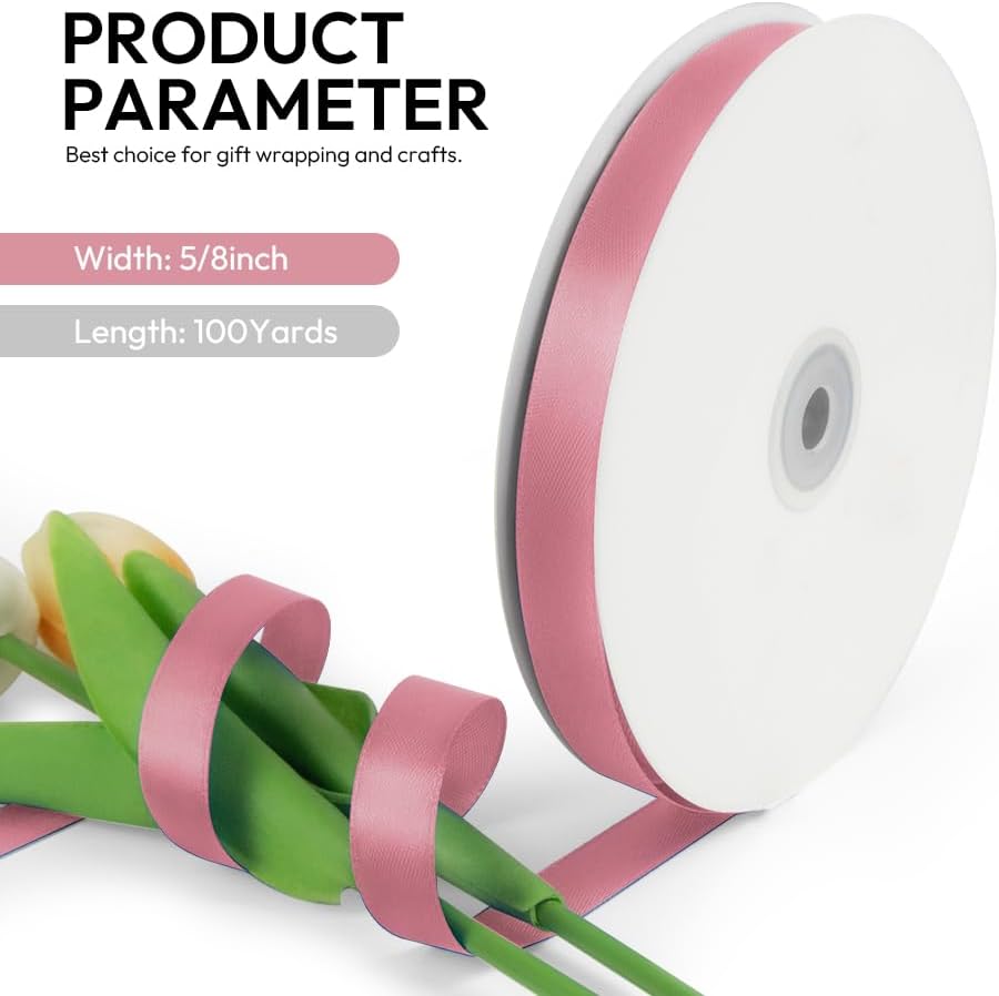 5/8 Inch 100 Yards Satin Ribbon Dusty Pink, Solid Color Fabric Ribbon for Gift Wrapping, Wedding, Polyester Gift Ribbon for Birthday Party Decoration, Craft, Hair, Floral, Sewing