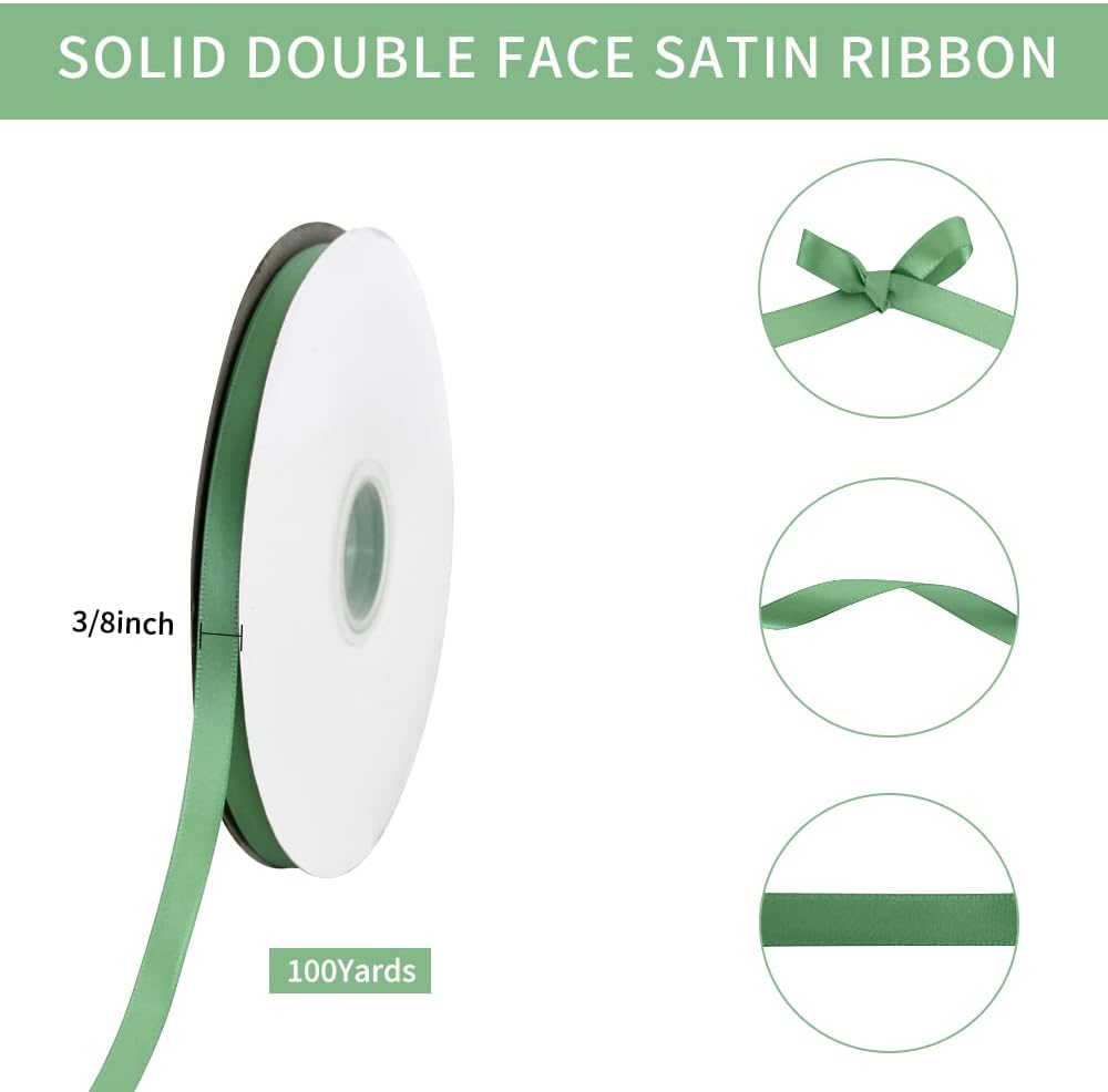 TONIFUL 3/8 Inch x 100yds Sage Green Satin Ribbon Thin Solid Fabric Ribbons Roll for Gift Wrapping Invitation Floral Hair Balloons Craft Sewing Party Wedding Popsicles Decoration Valentine's Day