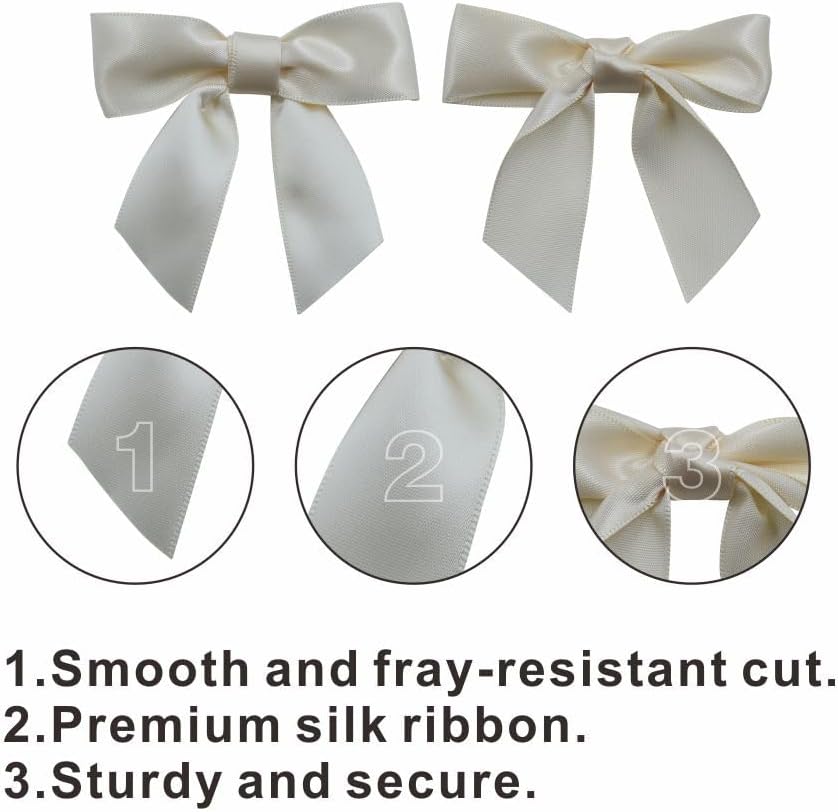 2.5" Hgzgch Cream Satin Ribbon Bow for Gift Wrapping, Premade Bows for Crafts, Cake, Party Favors, Handmade Bows with Double-Sided Tape, Self Adhesive Gift Bows for Presents, Treats, Christmas - 50pcs