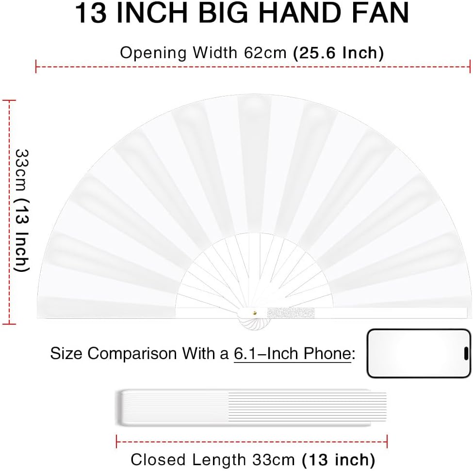 13" Large Folding Rave Fan with Holster, Clack Hand Fans Foldable for Line Dancing, Boots On The Ground Fan for Women Men Festival EDM Party Decoration, White 2 Pack