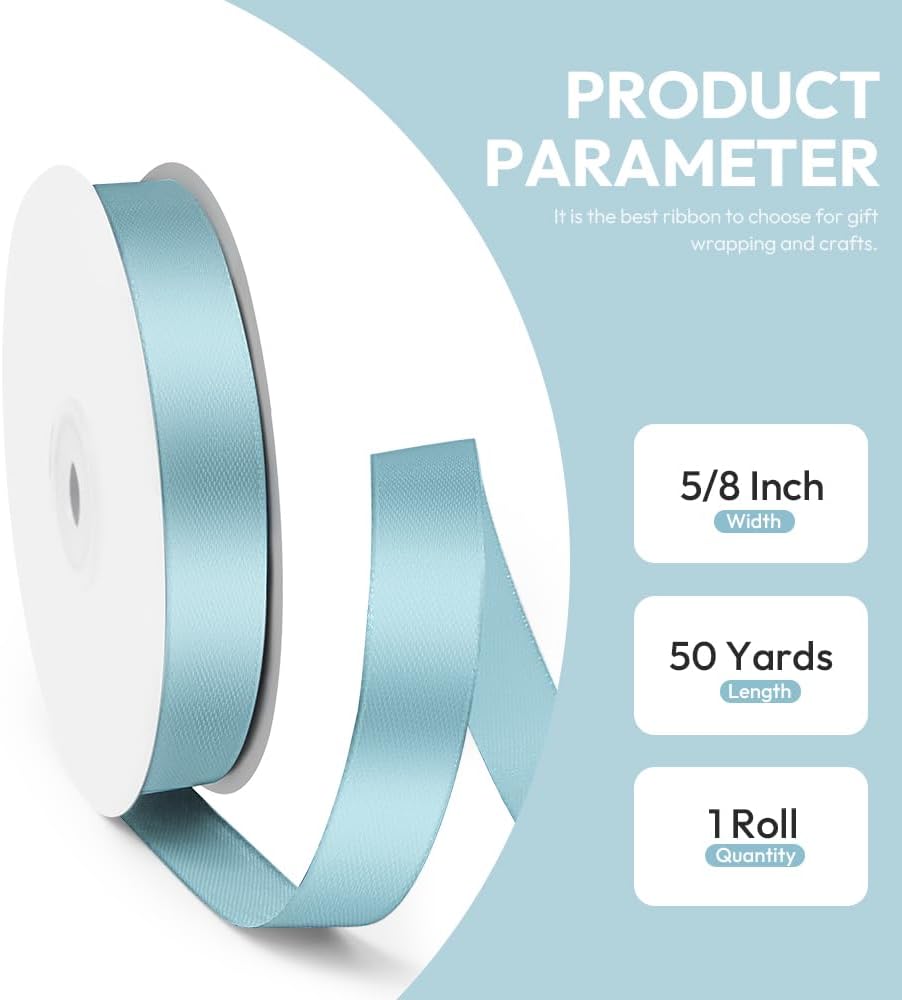 5/8" x 50 Yards Satin Ribbon - Light Blue Silk Ribbon with Spool - Ideal for Gift Wrapping, Floral Bouquets, Crafts, Wedding Party Decorations, Christmas and Sewing Projects