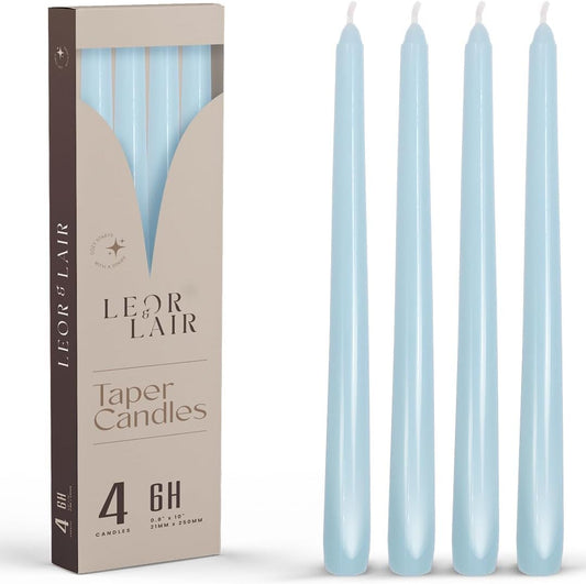 Leor & Lair Light Blue Taper Candles - 4 Pack 10" Light Blue Candlesticks - Unscented Candle Sticks for Winter Home Decor, Easter Dinner, Weddings, Restaurants & Events