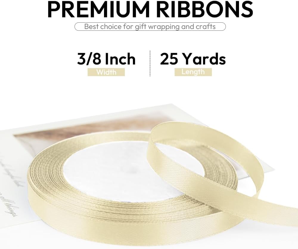 3/8 Inch 25 Yards Satin Ribbon Ivory, Solid Color Fabric Ribbon for Gift Wrapping, Wedding, Polyester Gift Ribbon for Birthday Party Decoration, Craft, Hair, Floral, Sewing