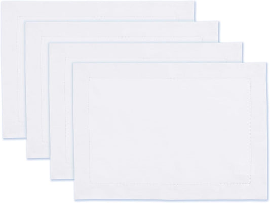 100% Pure Linen White Placemats 14 x 19 Inch - Hemstitch Christmas Placemats Set of 4 - Cloth Fabric Placemats for Thanksgiving, Winter, New Year - Elara