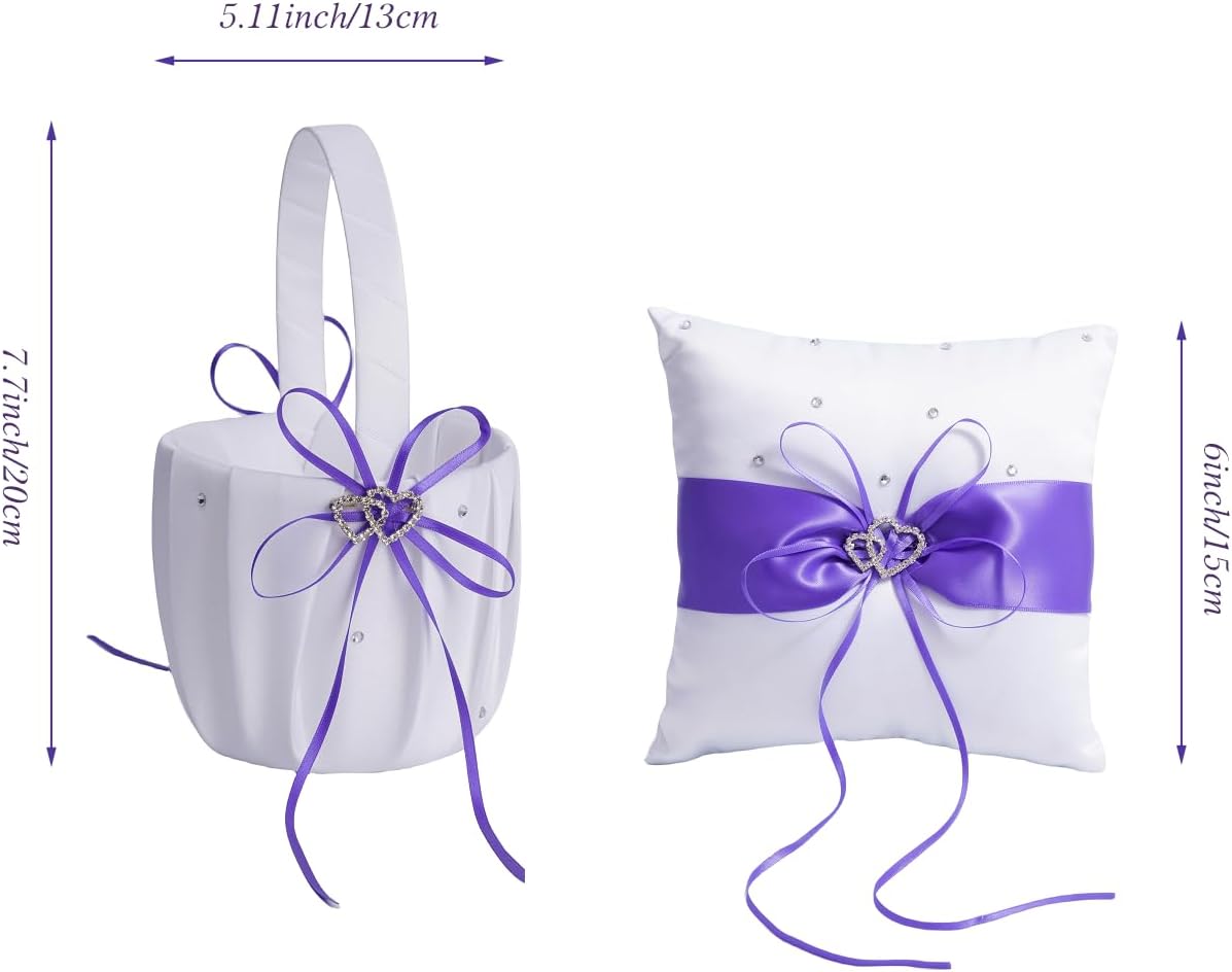 QIRMIZI Wedding Ring Pillow and Flower Girl Basket Set – Adorned with Pearl Rhinestones, White Satin,Purple