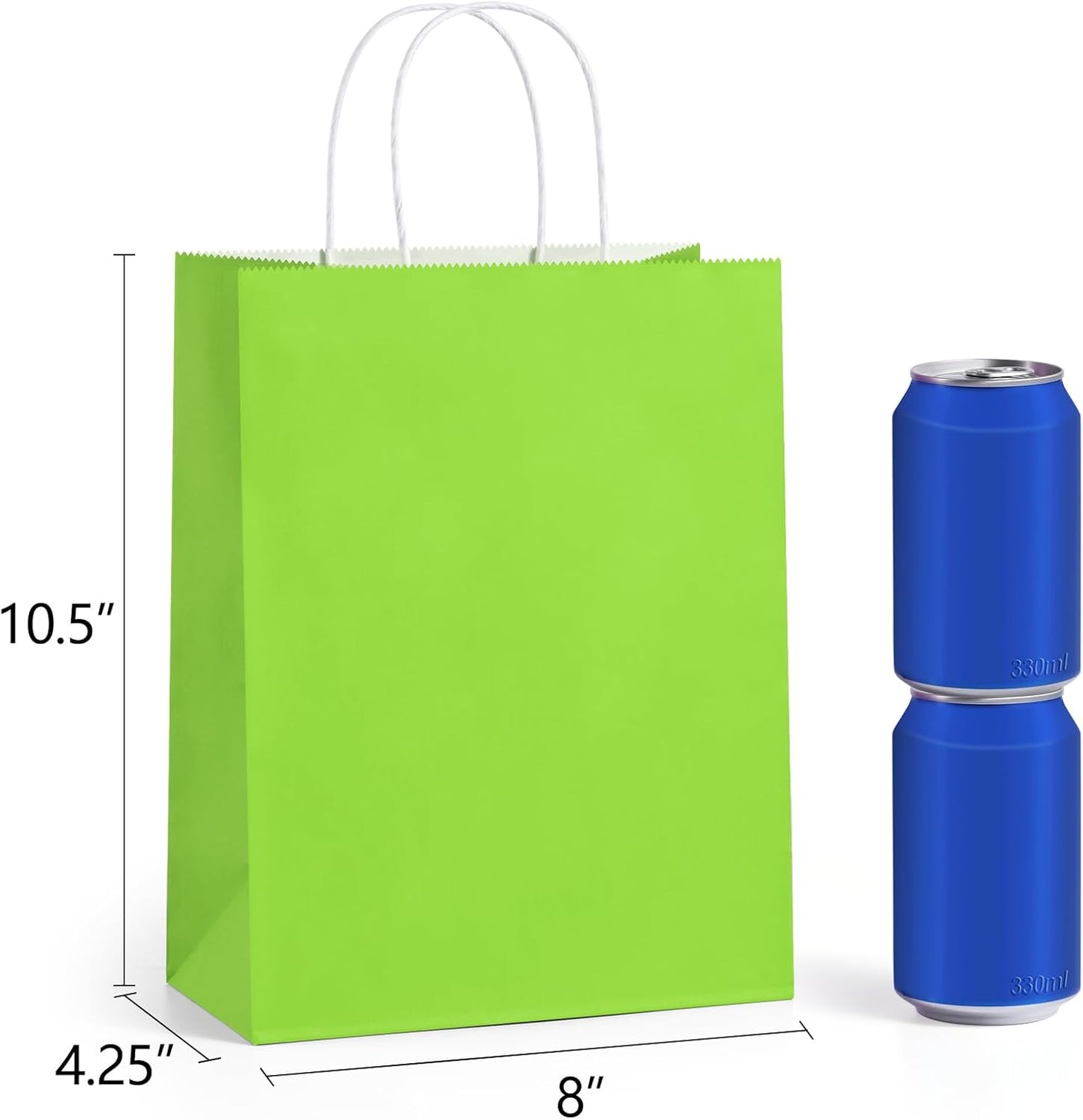 BagDream 8x4.25x10.5 Inch 100Pcs Green Gift Bags Medium, Kraft Paper Bags with Handles Bulk for Welcome Party Favors, Baby Shower, Goody, Treat, Retail, Grocery Paper Sacks