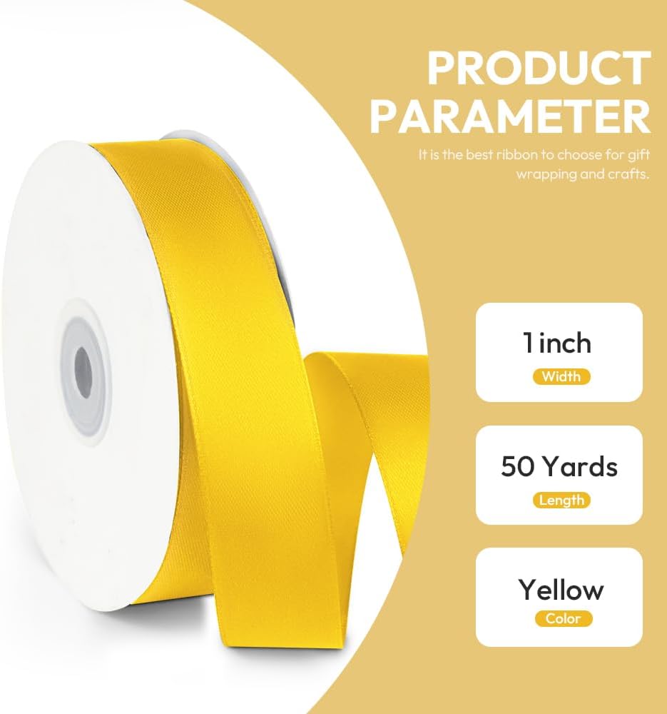 1" x 50 Yards Satin Ribbon - Yellow Silk Ribbon with Spool - Ideal for Gift Wrapping, Floral Bouquets, Crafts, Wedding Party Decorations, Christmas and Sewing Projects