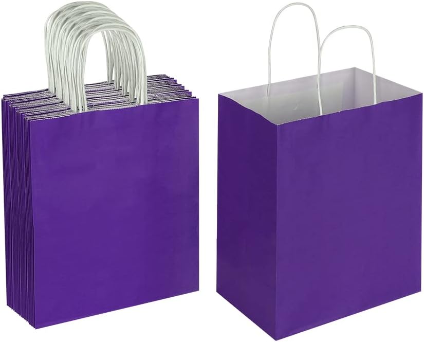Oikss 50 Pack 8x4.75x10 Inch Medium Purple Kraft Paper Bags with Handles Bulk for Birthday Wedding Party Favors Grocery Retail Shopping Takeout Business Goody Craft Gift Bags Sacks, (50pcs Count)