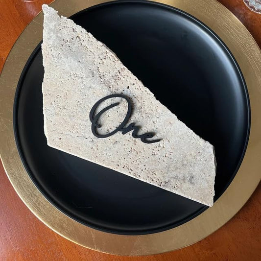 Cursive Wedding Table Number SET, DIY thin modern Black or White acrylic cutouts with silicone glue included. Words only, no backing (One - Five, Matte Black)