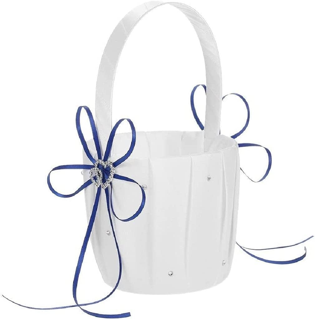 The Crafty Owl 2 Heart Rhinestones Ivory/White/Blue Trimming/Red Trimming Satin Large Wedding Ring Bearer Pillow and Basket Set (White with Blue Trimming)