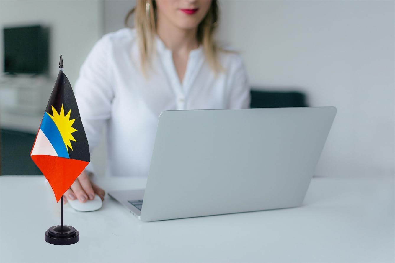 WXTWK 2 Pack Antigua and Barbuda Flag Antigua and Barbuda Deluxe Desk Flag Set - Mini Small Antigua and Barbuda Table Office Flags with Black 12" Solid Pole Stand Base Classroom Meeting Desktop Decorations