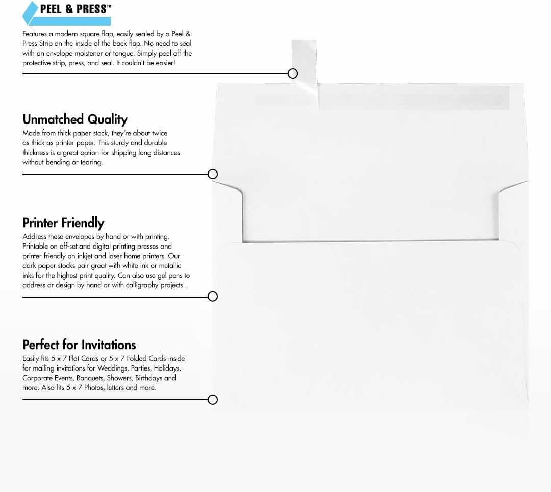 LUXPaper A7 Invitation Envelopes | Peel & Press | 5 1/4" x 7 1/4" | Brilliant White | 80lb. Text | 100% Cotton | 500 Qty
