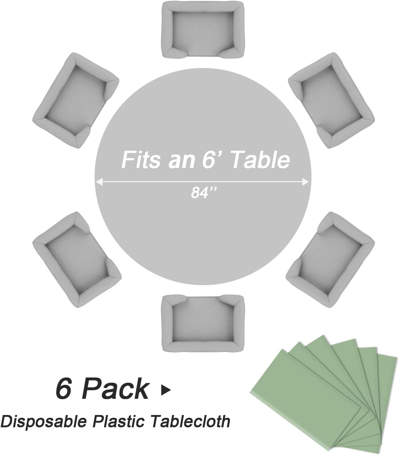 QIKSION Sage Green Round Tablecloth 6 Pack, 84 Inch Plastic Table Cover Disposable for Parties