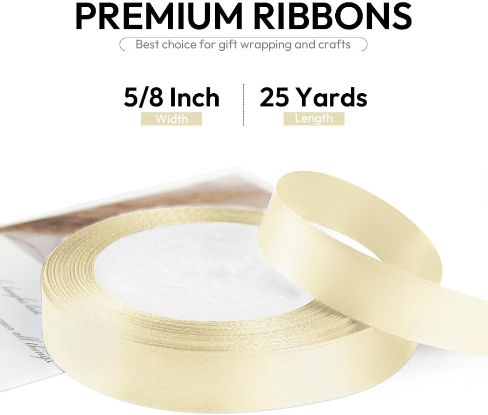 5/8 Inch 25 Yards Satin Ribbon Ivory, Solid Color Fabric Ribbon for Gift Wrapping, Wedding, Polyester Gift Ribbon for Birthday Party Decoration, Craft, Hair, Floral, Sewing