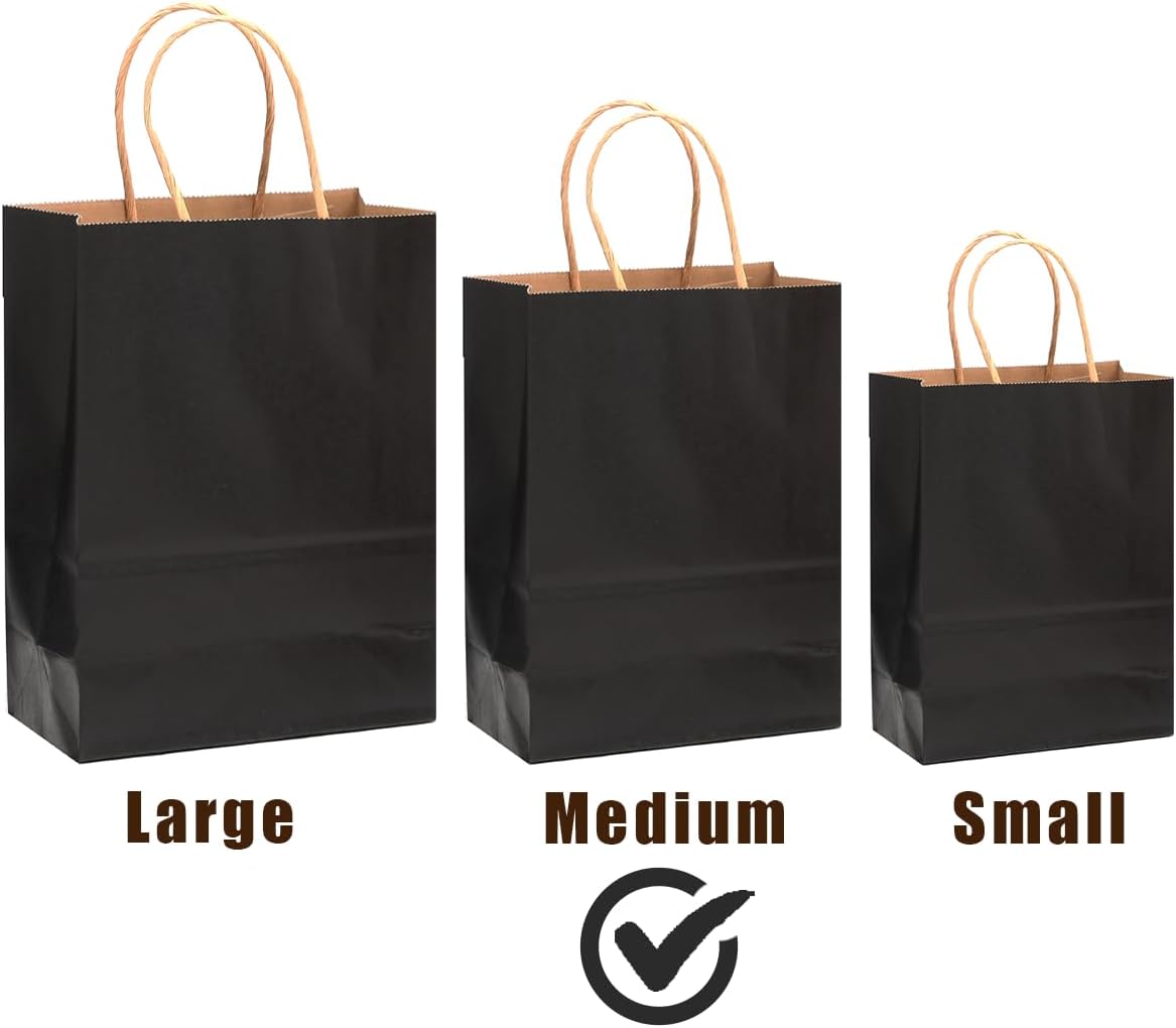 qiqee 50-Packs Black Paper Gift Bags with Handles Bulk 11"x8.3"x4.3" Medium Size Paper Bags Multiple Uses