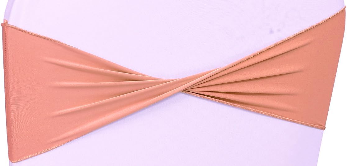 MDS Pack of 100 Spandex Chair Sashes Bows Elastic Stretch Dining Chair Bands Ties Without Slider Buckle Universal fits for Wedding Baby Shower Birthday Party Banquet Event Decoration - Coral Peach