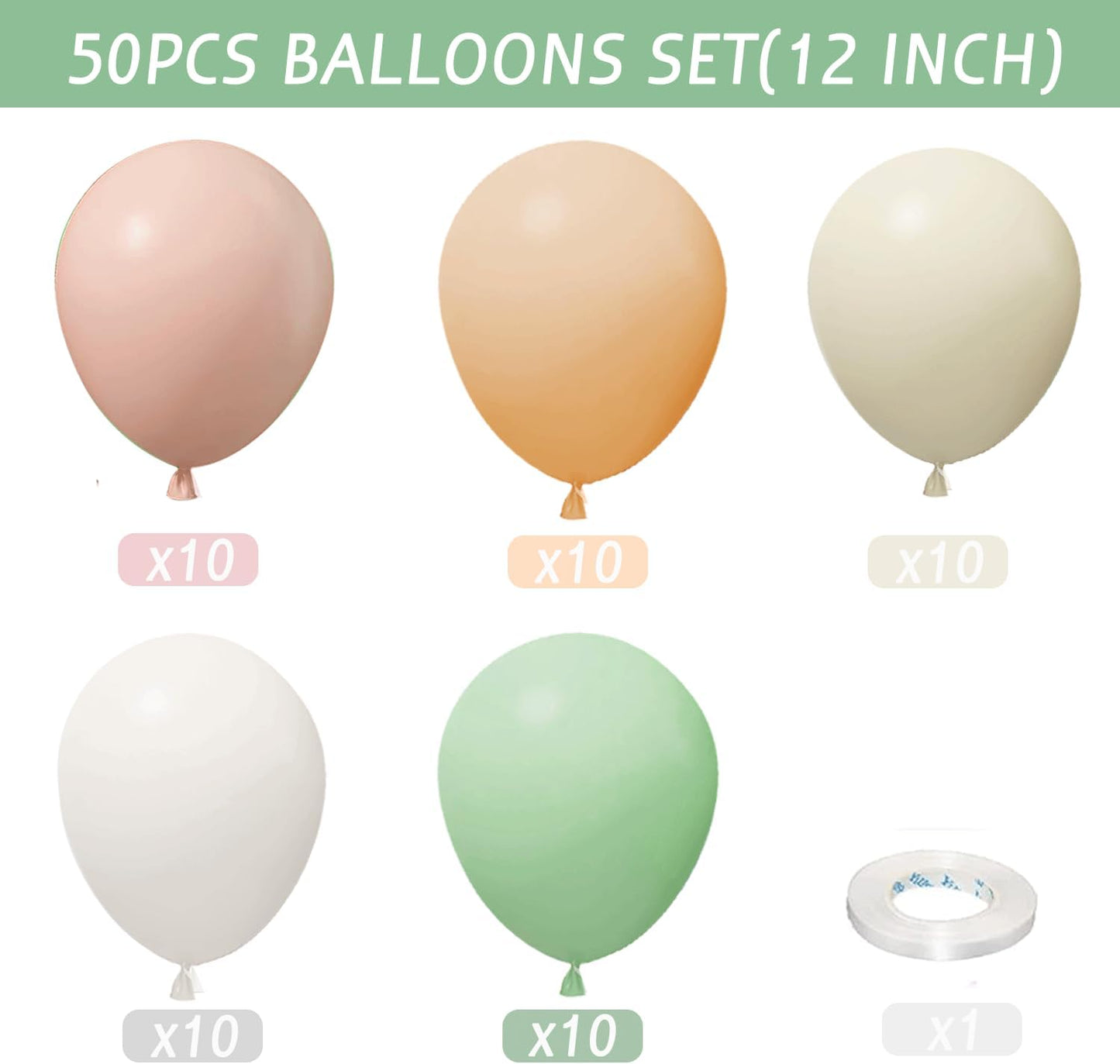 Pink and Dusty Green Balloons,50Pcs 12 Inch Brown Nude Boho White balloons Balloons, with Ribbon for Girls Women Birthday Baby Shower Wedding Tea Party Decorations