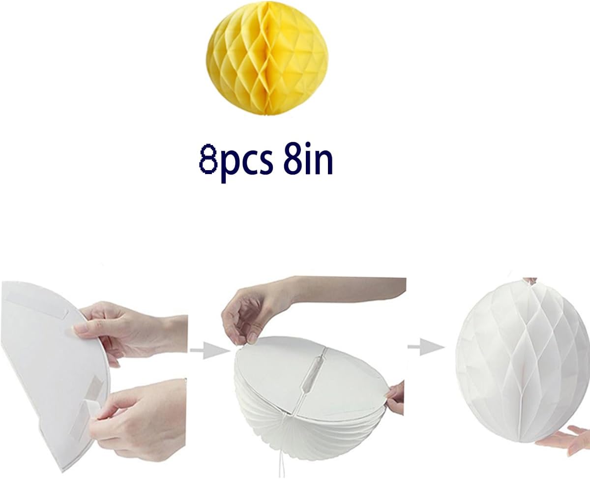 8pcs 8inch Paper Honeycomb Balls Decorative Tissue Pom Poms Flower Art Hanging Balls for Birthday Wedding Nursery Baby Shower Home Decor (8inch, Yellow)