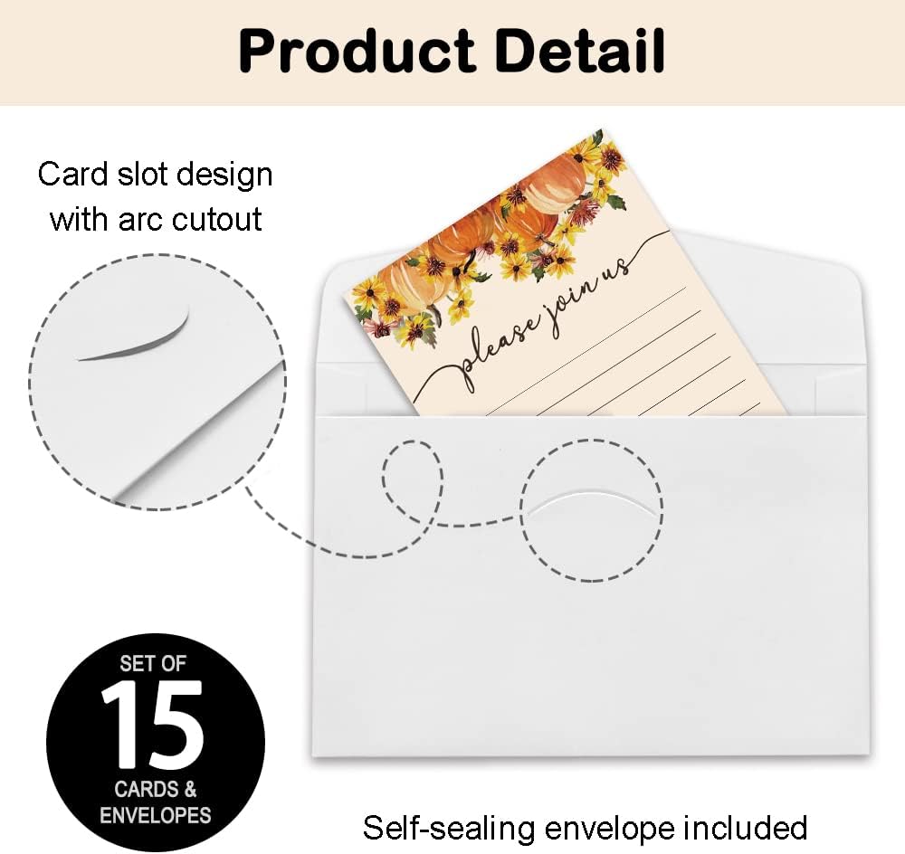 REWIDPARTY Thanksgiving Party Invitation Cards with Envelopes（Set of 15） Food Feast Invites for Family Friends Fall Invitations with Pumpkin and Florals Birthday Bridal Party Fill-in Invitation cards